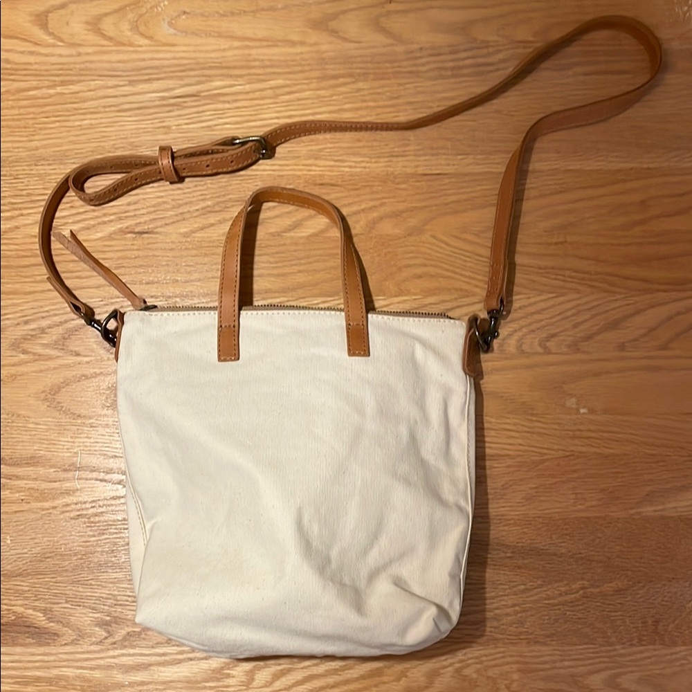 NWOT Able Tan Leather and White Canvas Crossbody Tote Bag - Picture 2 of 11